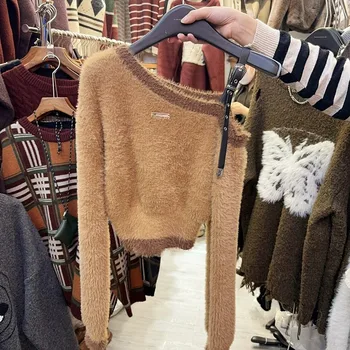 American Vintage Stiliaus 2023 Rudens Žiemos Naujas Megztinis Y2k Velniop Kaklo Seksualus Off-pečių Pasėlių Džemperiai Nereguliarus Prašmatnus Traukti Femme