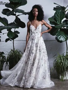Bohemijos Spagečiai Dirželiai Backless Vestuvių Suknelės-Line Duobute 3D Gėlių Nėrinių Šalies Boho Nuotakos Suknelė