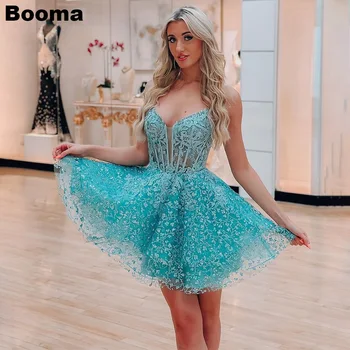 Booma Blue Mini Prom Dresses V Kaklo Spageti Dirželis Tiulio Kokteilių Suknelės be Rankovių-Line Vakaro Šalis, Chalatai Moterims