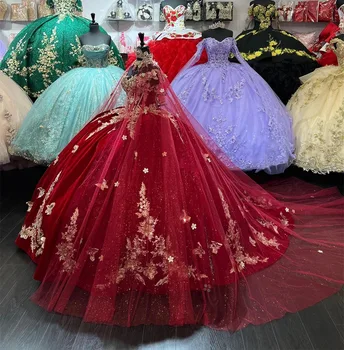 Burgundy Princess Quinceanera Suknelės Kamuolys Suknelė Nuo Peties Appliques Saldus 16 Suknelės 15 Años Meksikos