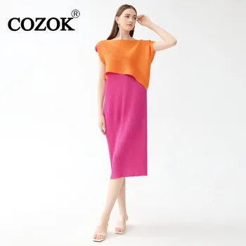 COZOK 2024 m. Rudenį Naujų O-Kaklo, Plisuotos Kontrastingų Spalvų Kratinys Suknelė Netikrą Dviejų dalių Rankovių Slim Fit A-line Dresses WT508