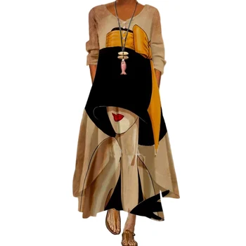 Dvigubo Sluoksnio Maxi Suknelė Moterims Mados Abstrakčiai Veido Spausdinti Kulkšnies Ilgio Suknelės Streetwear Elegantiškas Sundress Femme Vestidos
