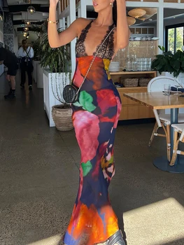 Elegantiškas Kaklaraištis Dažų Gėlių Šifono Suknelė Vasaros Seksuali Moteris Backless Nėrinių Bodycon Matyti Per 2023 Beach Party