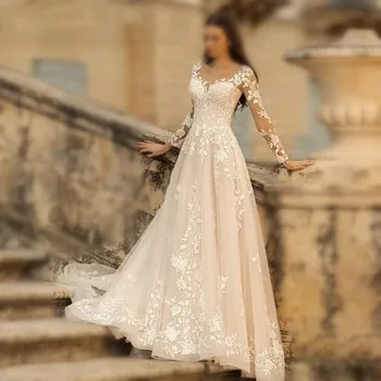 Elegantiškas O-Kaklo Vestuvių Suknelės Nėriniai-Line Appliques Ilgomis Rankovėmis Vestuvių Nuotaka Chalatai Vestido De Noiva Chalatas De Mariée