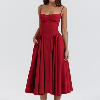 Elegantiškas Plonas Backless Diržas Raudona Suknelė Moterų Mados Kietas Suspender Suknelės 2024 Naujas Vasaros Moteriška Šalis Vakare Rūbeliai Vestidos
