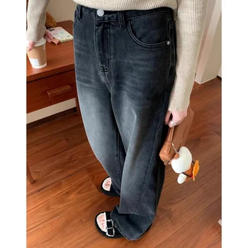 Juoda Vintage Moterų Džinsus Amerikos Aukštos Kokybės Mados Unikalus Y2K Streetwear Pločio Kojų Jean Moterų Kelnių 2024 NAUJA Denim Kelnės
