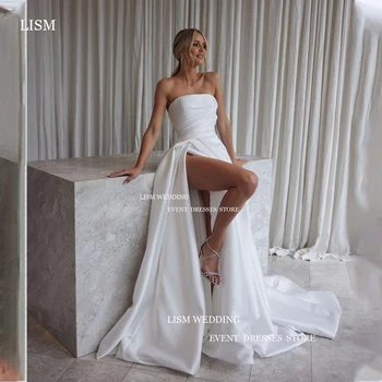 LISM Seksualus Stebėjimo Vestuvių Suknelė Šilko Satino Aukštos Padalinta Nuotakos Suknelė Valymo Traukinio Chalatas De Mariage