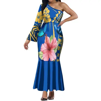Moterų vienas rankovėmis suknelė Polinezijos Gentis Elegantiška, undinėlės suknelė sukurta mėlyna hibiscus gėlės modelis, šaliai