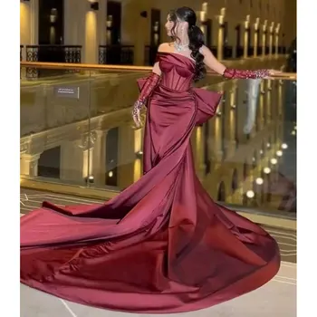 Naujas Burgundijos Promenadzie Suknelė 2024 Vieną Petį Koplyčia Traukinys Duobute Nuimamos Rankovės Saudo Arabijos Moteris Oficialią Vakaro Šalis Suknelė