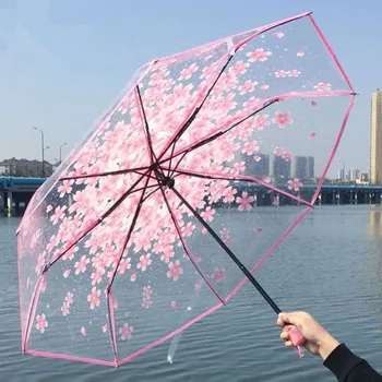 PVC Plastiko Aišku, Sakura Gėlių Skėtis Cherry Blossom Floros Lietaus Pavara Sulankstomas Skėtis Dėl Lietaus Ir Saulės