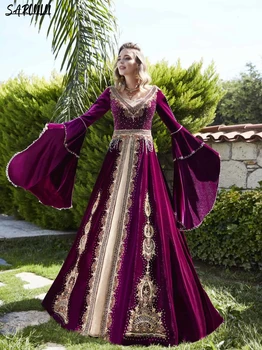 Prabangūs V-kaklo Afrikos Caftan Dubajus Maroko Elegantiškas Kaftan ilgomis Rankovėmis Aksomo Šalies vakarinę Suknelę Zawalcowany Blizgučiai-line Suknelė
