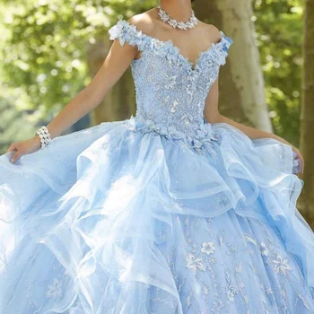 Princess Blue Quinceanera Suknelės 2023 V Kaklo Gėlių Nėrinių Aplikacijos Kamuolys Suknelė Saldus 15 16 Promenadzie Suknelė Gimtadienio Užsakymą