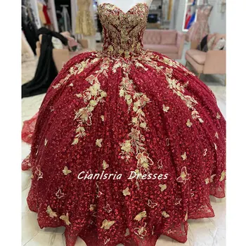 Tamsiai Raudona Brangioji Kristalų Blizgučiais Quinceanera Suknelės Kamuolys Suknelė Aukso Appliques 3D Drugelis Korsetas Vestidos Para XV Años