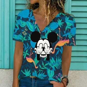 Vasaros Atsitiktinis T Marškinėliai trumpomis Rankovėmis moteriški Marškinėliai Disney Minnie Mouse Spausdinti Gatvės Viršuje Moterų V Neck T Shirt Dydis 5XL Prarasti Viršų