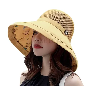 Vasaros Didelis, Platus Kraštų Gėlė Saulės Skrybėlę Moterų Tinklinio UV Apsauga Paplūdimio Skrybėlę, Moteris Net Sulankstomas Saulės Skrybėlės Lady ' s Bucket Hat