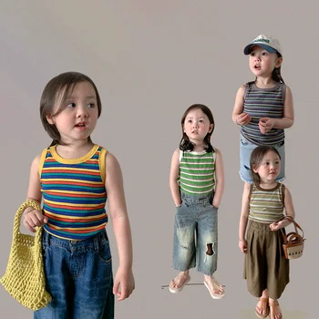 Vasarą Vaikai Dryžuota Liemenė Plona Atsitiktinis Mergaičių marškinėliai Korėja Kūdikių Drabužiai Kvėpuojantis Bamblys Mergina Mezgimo Marškinėliai Kūdikiams Kostiumas