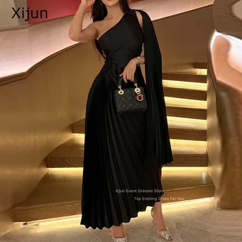 Xijun Juodas Elegantiškas Vakarines Sukneles Vienos Pečių Saudo Arabric Trumpas Prom Dresses Žaliojo Rankovėmis Prom Dresses-Line Šalies Chalatai