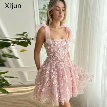 Xijun Prabangus Blizgučiai Nėrinių 3D Gėlės Trumpas Rožinis Prom Šalis Suknelės, Vestuvių Blizgančių Reguliuojami Dirželiai Mini Kokteilių Suknelė