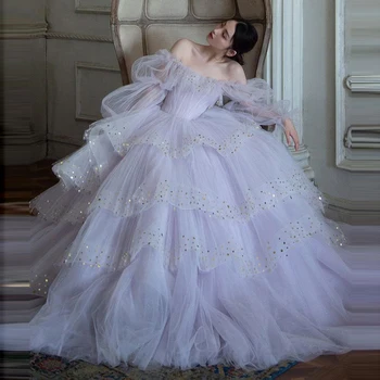 Šviesiai Violetinės Spalvos Tiulio Kamuolys Suknelė Off Peties Vakarinę Suknelę Ilgomis Rankovėmis Vestuvių Suknelė China Elegantiškas Suknelės Moterims Princesė Suknelė