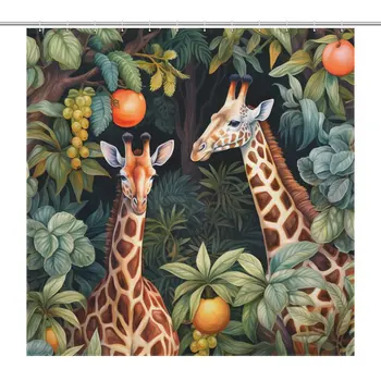 Žirafa & Rainforest Gyvūnijos Dušo Užuolaidos, Atogrąžų Vonios Dizaino Akcentas, atsparus Vandeniui, 183x183cm, su 12pcs Kabliukai