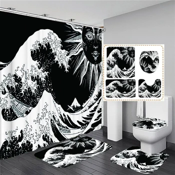 Japonų stiliaus, Vandenyno Bangų, Dušo Užuolaidos Rinkiniai Black Print Vonios Užuolaidos Vonios kambarys Dekoro Tualeto Dangčio Padengti neslidžia Kilimėliai Kilimėliai